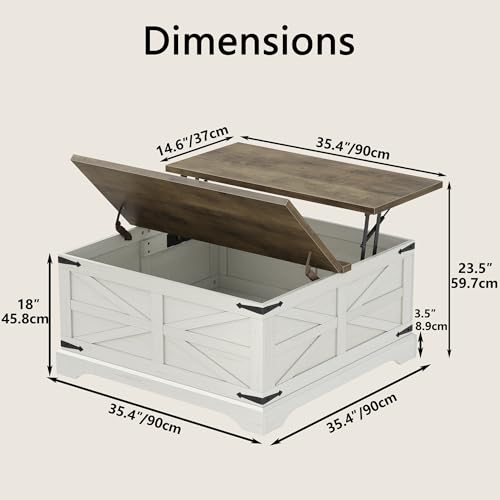 35.5''W Square Coffee Table Farmhouse Lift top Coffee Table with Large Hidden Storage, Wood Center Table for Living Room, Home Office, Brown Top - color: Brown Top, size: 35.5''W