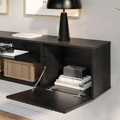 WAMPAT Modern Floating TV Stand with Electric Fireplace, Black | Media Console for TVs up to 80", Wooden Entertainment Center, 36" Fireplace, TV Shelf Cabinet for Living Room or Bedroom