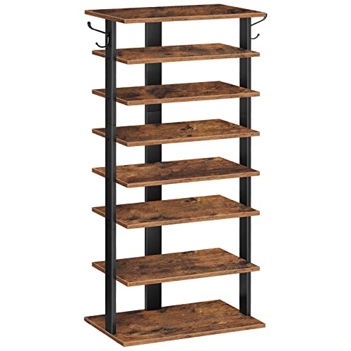 HOOBRO 8 Tiers Vertical Shoe Rack, Wooden Shoe Storage Organizer with Hooks, Narrow Shoe Tower for 16 Pairs, Space Saving, for Entryway, Living Room, Bedroom, Rustic Brown BF750XJ01 - color: Rustic Brown, size: 8 Tier (19.7"W)
