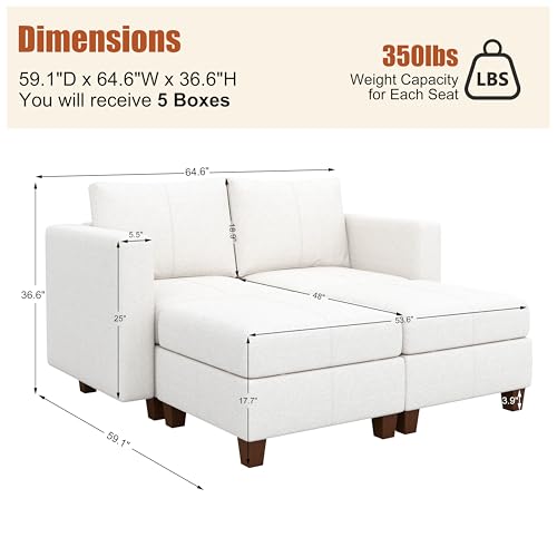 MINCETA Modular Sectional Sofa, Modern Comfy Sofa with Upholstered and Storage Ottoman for Living Room,Bedroom(White, 4 Seat Sofa Bed) - color: White, size: 64.6"W*59.1"D