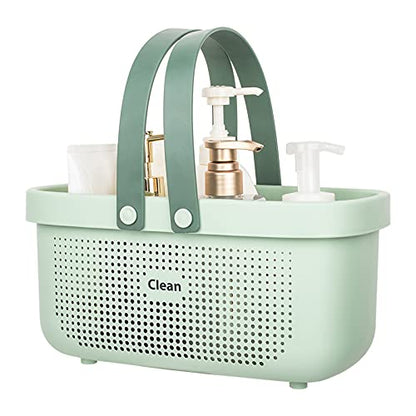 JiatuA Plastic Storage Basket with Handle Portable Shower Caddy Tote Organizer Basket Bin for Bathroom Kitchen Dorm Room Bedroom, Green | Sturdy Drainage Large Capacity Organizer Basket with Silicone Handles for Bathroom Kitchen Bedroom College Dorm Essen