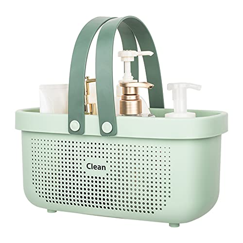 JiatuA Plastic Storage Basket with Handle Portable Shower Caddy Tote Organizer Basket Bin for Bathroom Kitchen Dorm Room Bedroom, Green | Sturdy Drainage Large Capacity Organizer Basket with Silicone Handles for Bathroom Kitchen Bedroom College Dorm Essen