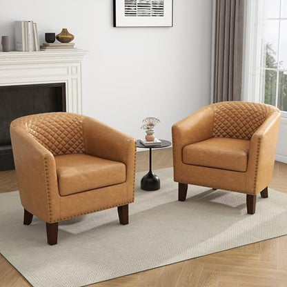 Faux Leather Accent Chair, Modern Barrel Club Chair, Coffee | Comfy Upholstered Armchair for Living Room, Round Club Chair Single Sofa Bedroom Reading Seat | 26"D*29"W*29"H - color: Coffee Brown