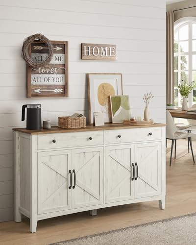 VASAGLE LIRY Collection - Buffet Cabinet, Coffee Bar Cabinet with 2 Drawers, Adjustable Shelves, Sideboard Storage with Cable Holes, Drawer Dividers, Rustic White and Honey Brown UBBK381WJ01S