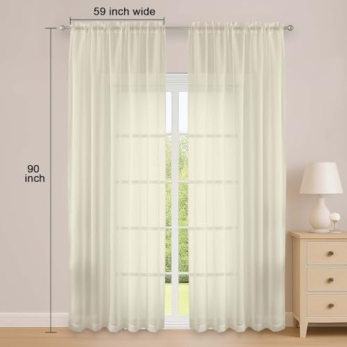 Cream Sheer Curtain 90 Inches Long 2 Panels Set, Solid Filmy Drapes for Living Room Bedroom, Elegant Window Voile Sheer Curtain Panels Drapes, 2 Pcs, Each 59" Wx90 L Inch - color: Cream, size: 59"W x 90"L (Pack of 2)