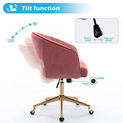 Vanity Chair Velvet Desk Chair with Gold Base for Living Room,Rose | Accent Armchair Upholstered Modern Tufted Chairs for Girls Women Ergonomic Study Seat Computer Task Stools for Bedroom - color: Rose