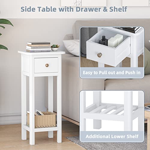 Narrow End Table, Tall Nightstand with Drawer & Shelf, Small Bedside Table w/Anti-Tipping Device, No Assembly, White - color: White