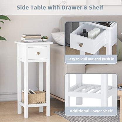 Narrow End Table, Tall Nightstand with Drawer & Shelf, Small Bedside Table w/Anti-Tipping Device, No Assembly, White - color: White