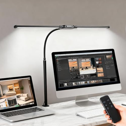 LED Desk Lamp with Clamp, Dual Head Desk Light for Home Office, Eye-Caring Monitor Desk Lamp with Remote, Flexible Gooseneck Architect Task Lamp, 10 Brightness Levels & 5 Color Modes Black - color: Black