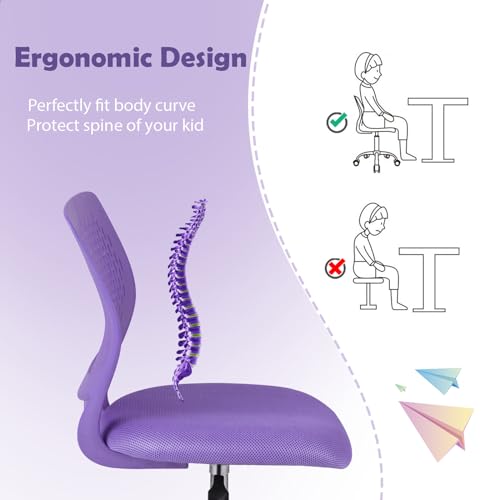 POWERSTONE Small Home Office Desk Chair, Swivel Rolling Study Computer Chair, Adjustable Height Task Chair with Armless Mid Back, Upholstered Mesh Seat, Purple - color: Purple