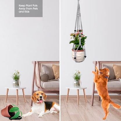 RIFNY Macrame Plant Hanger for 5 to 10 Inch Plant Pots, 35 Inch Indoor Handmade Woven Rope Hanger Kits with Hooks and Wood Beads, Hanging Planter Basket Holder for Boho Home Decor (Grey, 3 Pack) | 35 Inch Hanging Planter with Hooks, Fits 5-10" Pots, Suita