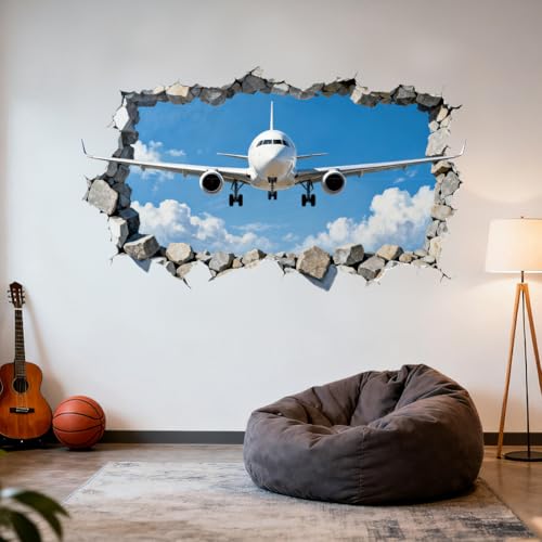 3D Breaking Airplane Wall Decals, Wall Stickers Decor | 2 Sheets 11.8"x37.8" Vinyl Removable Peel and Stick Murals, Plant Decor for Bedroom, Bathroom, Office, Classroom & Home - style: 3D Breaking Airplane