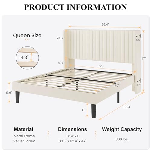 SHA CERLIN Queen Size Velvet Bed Frame, Tufted Wingback Headboard, Cream | 47'' Modern Vertical Channel Headboard, Upholstered Platform Bed, Wood Slats, No Box Spring Needed, Easy Assembly, Noise Free - color: Cream White, size: Queen