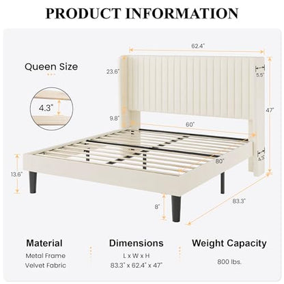 SHA CERLIN Queen Size Velvet Bed Frame, Tufted Wingback Headboard, Cream | 47'' Modern Vertical Channel Headboard, Upholstered Platform Bed, Wood Slats, No Box Spring Needed, Easy Assembly, Noise Free - color: Cream White, size: Queen