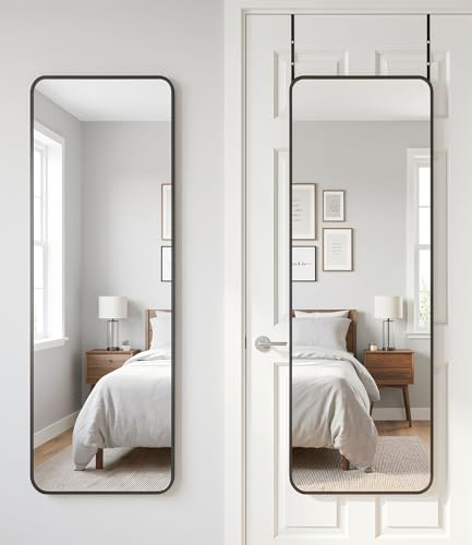 Antok 58"x20" Over the Door Mirror, Full Length Mirror Door Hanging with Aluminum Metal Frame, Rectangle Wall Mounted Body Mirrors for Bedroom, Dressing & Makeup Mirrors for Daily Outfit Check, Black - color: Black, size: 58"L x 20"W