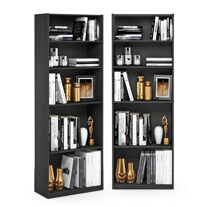 Furinno Jaya Book Shelf Set of 2, 5-Tier Bookshelf, Bookcase, with Adjustable Shelf, 9.5 x 24.5 x 71, for Home Office, Living Room, Black - color: Blackwood, size: Set of 2, 5-Tier