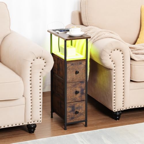 Narrow End Table with Charging Station, Small Nightstand | Skinny Side Tables Living Room with 3 Fabric Drawers, Slim Bedside Table with LED Lights for Bedroom, Small Spaces, Brown - color: Rustic Brown, size: 27.55''H (3 Drawers), style: Power + Light