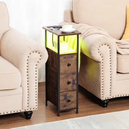 Narrow End Table with Charging Station, Small Nightstand | Skinny Side Tables Living Room with 3 Fabric Drawers, Slim Bedside Table with LED Lights for Bedroom, Small Spaces, Brown - color: Rustic Brown, size: 27.55''H (3 Drawers), style: Power + Light