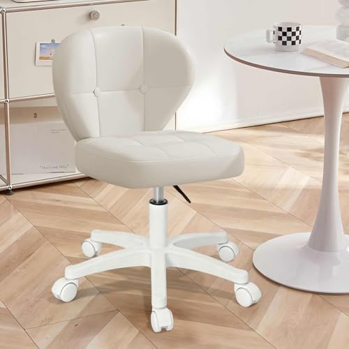 Small Office Chair with Lumbar Support, PU Leather Armless Swivel Desk Chair Adjustable Height, Compact Rolling Chair for Home Office, Bedroom, Study 1White - color: White, size: Set of 1