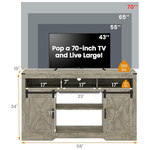 RoyalCraft Farmhouse Fireplace TV Stand for 65+ Inch TV, Entertainment Center with 23" Electric Fireplace with Remote, 34" Modern Rustic TV Console with Sliding Bar Door for Living Room, Light Grey - color: Light Grey, style: Electric Fireplace Included