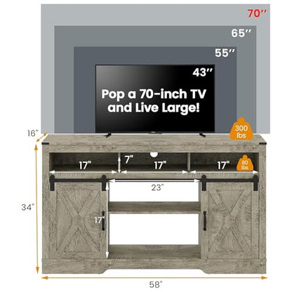RoyalCraft Farmhouse Fireplace TV Stand for 65+ Inch TV, Entertainment Center with 23" Electric Fireplace with Remote, 34" Modern Rustic TV Console with Sliding Bar Door for Living Room, Light Grey - color: Light Grey, style: Electric Fireplace Included