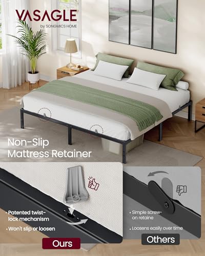 VASAGLE King Metal Bed Frame 14 Inches Tall, 1100 lb Weight Capacity, No Box Spring Needed, with Under-Bed Storage, Easy Setup, Heavy-Duty Platform Bed, Mattress Retainers, Matte Black URMB654BD02S - size: King, style: 14 Inch