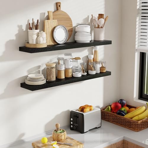 Acovy 40 Inch Floating Shelves, 8 Inch Deep Floating Shelves for Wall, Hanging Shelf with Invisible Brackets, Deep Shelves for Bathroom, Bedroom, Living Room, Black, Set of 2 - color: Black, size: 8"Wx40"L-2pcs