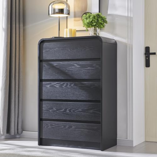 Aitjunz Modern 5 Drawers Dresser for Bedroom, 45" Tall Dressers & Chests of Drawers w/Curved Profile Design, Wood Mid Century Vertical Dresser w/Natural Texture for Bedroom, Living Room, Black - color: Black, size: 15.5"D x 29.5"W x 45.3"H (5 Drawers)