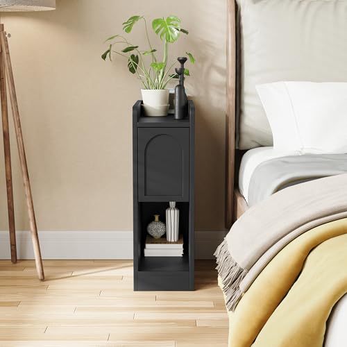 Narrow Nightstands Set of 2, Slim Bedside Tables with Raised Edge Top, Arched Drawer & Open Shelf, Modern Wooden Small End Tables for Bedroom Small Spaces (2, Black) - color: Black-arched Drawer, size: 2-Pack