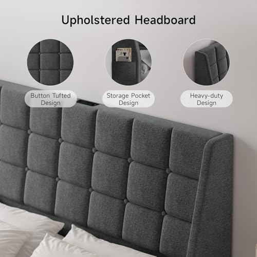 Ergonomic Upholstered Headboard Queen Size w/Charging Station, Linen Wingback Headboards w/Storage Pocket, Queen Headboard Only, Bed Frame Adapters, Sturdy Stable Solid Wood Bed Head Board, Dark Grey - color: Dark Grey, size: Queen