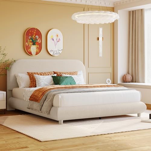Curve-Shaped Upholstered Platform Bed With Curved Headboard, Queen Size Wood Frame for Kids Adults Bedroom Furniture, Teddy Fleece Thick Fabric Grounded (Beige) - color: Beige-2, size: Queen