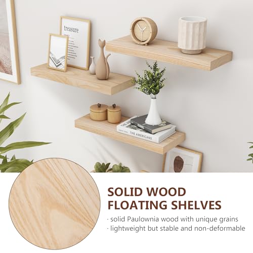 fuqing Natural Wood Floating Shelves, 17 Inch Wooden Wall Shelves Set of 3 | 6.7 Inch Deep Natural Wooden Shelves for Bathroom Living Room, Lightweight, 30LBS, Hardware Included, Waterproof Finish - color: Natural, size: 17 Inch