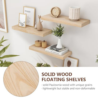 fuqing Natural Wood Floating Shelves, 17 Inch Wooden Wall Shelves Set of 3 | 6.7 Inch Deep Natural Wooden Shelves for Bathroom Living Room, Lightweight, 30LBS, Hardware Included, Waterproof Finish - color: Natural, size: 17 Inch