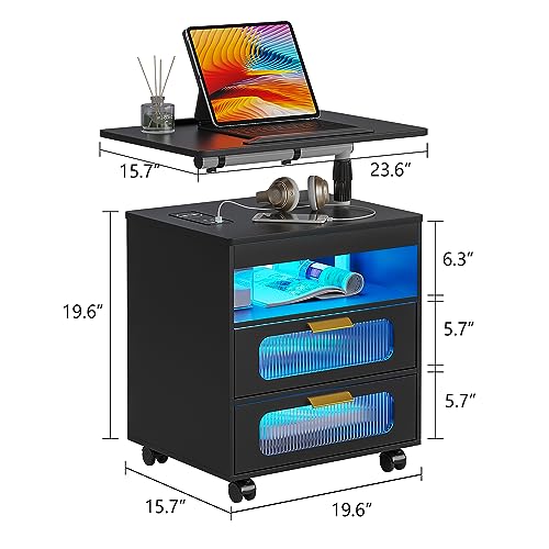 HNEBC LED Nightstand Set of 2 with Charging Station & Adjustable Overbed Desk, 3 Color LED Lights & Body Sensor, Mobile Bedside Table with Wheels, 2 Drawers & Open Shelf for Bedroom (Black) - color: 9603-2-black