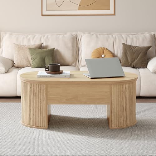 QHITTY Fluted Coffee Table with Lifting Top, Oval Wood Lift Top Coffee Table with Hidden Compartment, Mid Century Pull up Center Tables for Living Room, Office - Natural - color: Round Table-natural