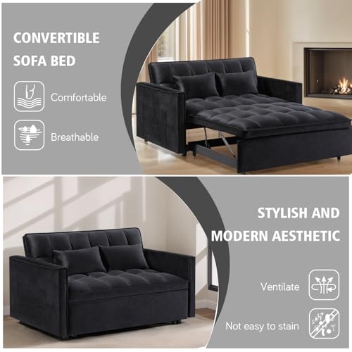 3 In 1 Velvet Convertible Sofa Bed, Pull Out Couch Bed with Reclining Backrest And 2 Pillows, 54" Full Size Loveseat Sleeper Sofa Futon Couch Beds, Couches For Small Spaces, Living Room (Black) - color: Black