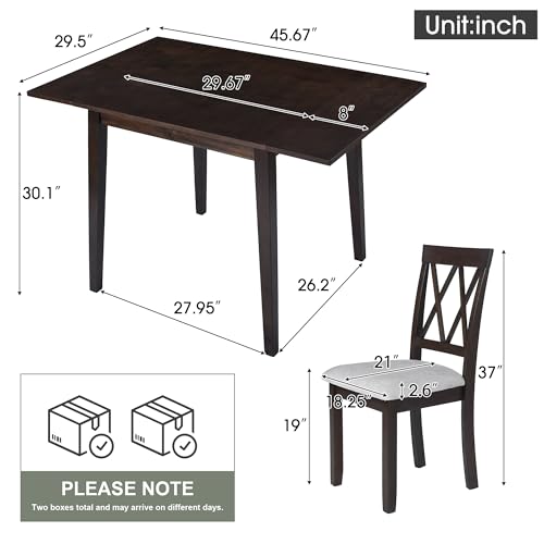 Merax Farmhouse Wooden Dining Set of 3, 45.6 inch Extendable Kitchen Table with Drop Leaf, 2 Chairs with Backrest for Small Space, Easy Assemble Espresso