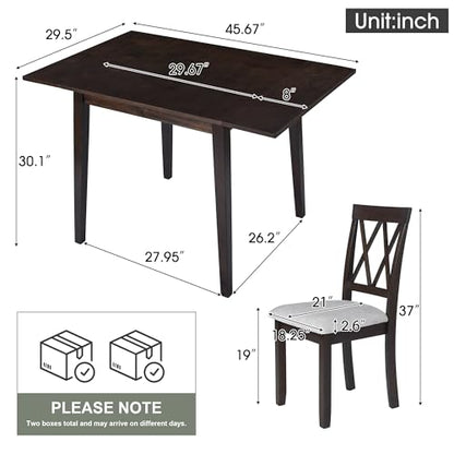 3Pcs Dining Set with Drop Leaf Dining Table and 2 X-Back Chairs, Solid Wood Kitchen Table Set for Small Place, Espresso+Grey - color: Espresso+grey