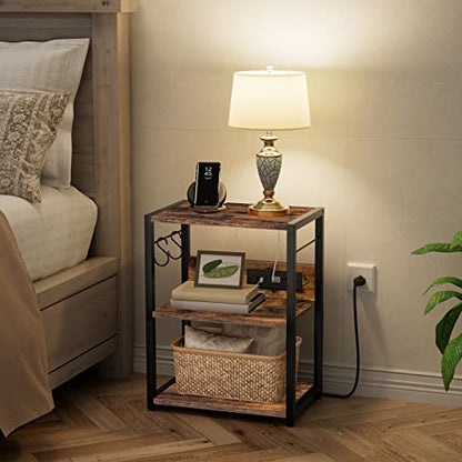 MAHANCRIS Industrial Printer Cart, 3-Tier Mobile Printer Stand, Rolling Cart with Power Outlets and USB Ports, Home Printer Stand with 2 Hooks, for Office, Living Room, Rustic Brown PTHR40E01Z - color: Rustic Brown