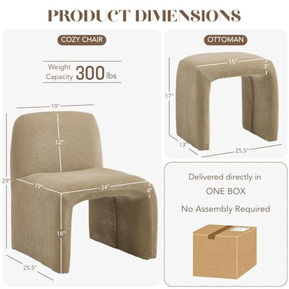Hyfirm Accent Chair with Matching Side Table, Sculptural Design, Khaki | Sculptural armless reading chair with matching upholstered side table for living rooms, bedrooms, and reading nooks - color: Kakhi Chenille