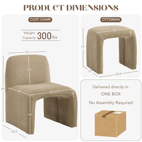 Hyfirm Accent Chair with Matching Side Table, Sculptural Design, Khaki | Sculptural armless reading chair with matching upholstered side table for living rooms, bedrooms, and reading nooks - color: Kakhi Chenille