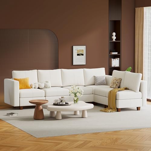 MINCETA Modular Sectional Sofa, Modern Comfy Sofa with Upholstered and Storage Ottoman for Living Room,Bedroom(White, 6 Seat L Shape) - color: White, size: 118.2"W*85.9"D