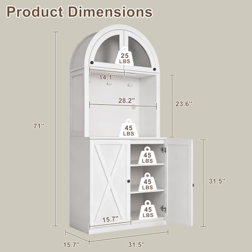 71" Farmhouse Arched Buffet Cupboard with Adjustable Shelves & Glass Door | Sturdy Engineered Wood, Acrylic Glass, Durable, Moisture-Resistant, Easy Assembly, for Dining Room, Bathroom, Living Room - color: White, size: 31.5" W