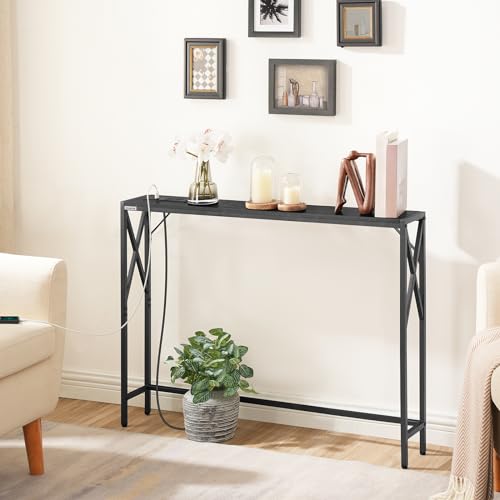 MAHANCRIS 5.9" Narrow Sofa Table with Charging Station, 39.4 Behind Couch Table with Outlet, Slim Entryway Console Table, Small Space, for Hallway, Living Room, Foyer, Black CTHB151E01 - color: Black