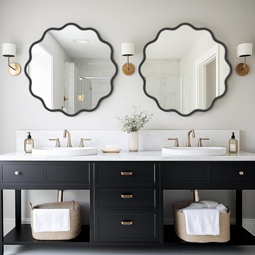 PROHOMEWARE Black Round Mirror 28 Inch Wavy Bathroom Vanity Mirror Gold Frame Modern Wall Mirror Decorative Wall-Mounte Anti-Rust, Tempered Glass - color: Black, size: 28"L x 28"W
