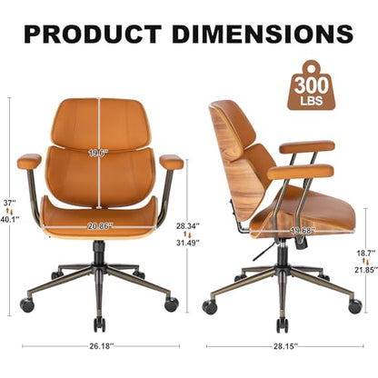 Mid Century Walnut Bentwood PU Leather Office Chair with Arms, Brown | Curved walnut bentwood back & seat; removable armrests; PU leather upholstery; swivel & rolling; for home office & study - color: Brown, size: 2-Section Back / No Headrest