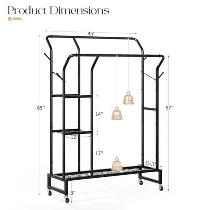 Yoobure Double Rods Clothes Rack - Portable Clothing Rack with Wheels, Rolling Garment Rack with 3-Tier Shelves & 4 Hooks, Freestanding Clothing Racks for Hanging clothes, Coat Rack for Closet Bedroom - color: Black