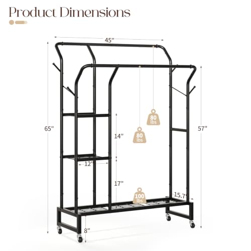 Yoobure Double Rods Clothes Rack - Portable Clothing Rack with Wheels, Rolling Garment Rack with 3-Tier Shelves & 4 Hooks, Freestanding Clothing Racks for Hanging clothes, Coat Rack for Closet Bedroom - color: Black
