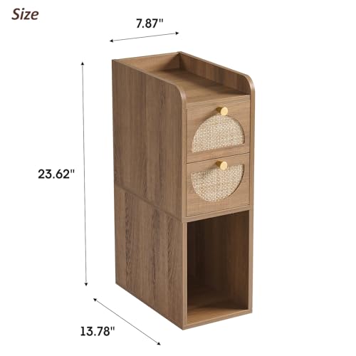 Narrow Nightstand (Rattan & Wood) - Small Bedside Table with 2 Drawers, Open Shelf, Mid Century Modern End Table - for Bedroom, Living Room & Small Spaces, Rustic Oak Rattan - color: Rustic Oak Rattan, size: 7.9"W (1 Pc)