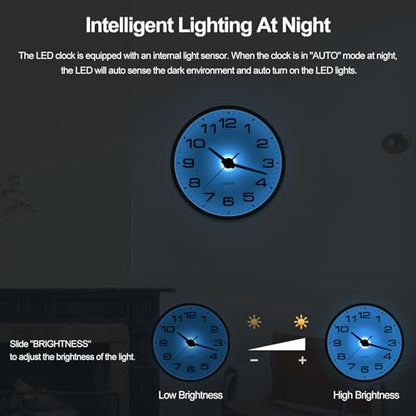 JoFomp Lighted Wall Clocks Battery Operated, 12 Inch Wall Clock for Bedroom Night Glow, Light Up Wall Clock Silent, Glow in The Dark Wall Clocks for Living Room Decor, Light Sensor - Auto Lighting - size: 12 Inch